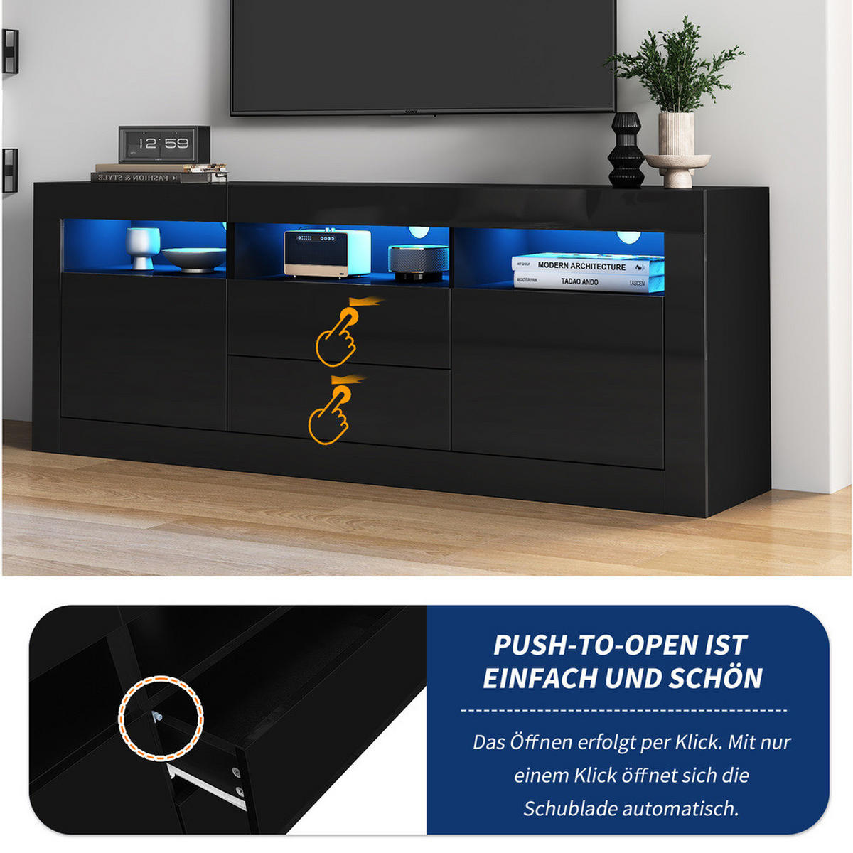 TV-SCHRANK 160x35cm Hochglanz LED-Beleuchtung 3 Fächer 2 Türen 2 Schubladen - Schwarz, Holz (44/22.5/70cm) - FLIEKS