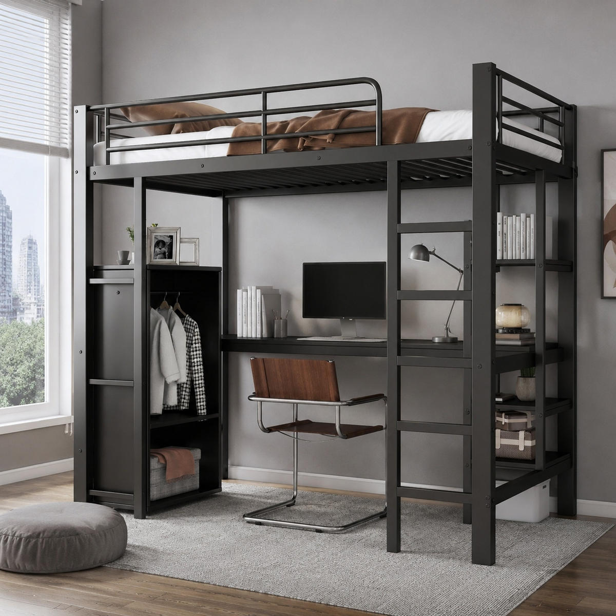 HOCHBETT 90/200 mit Schreibtisch, Kleiderschrank und Regalen in Schwarz - Schwarz, Holzwerkstoff/Metall (90/200cm) - EVRYAE