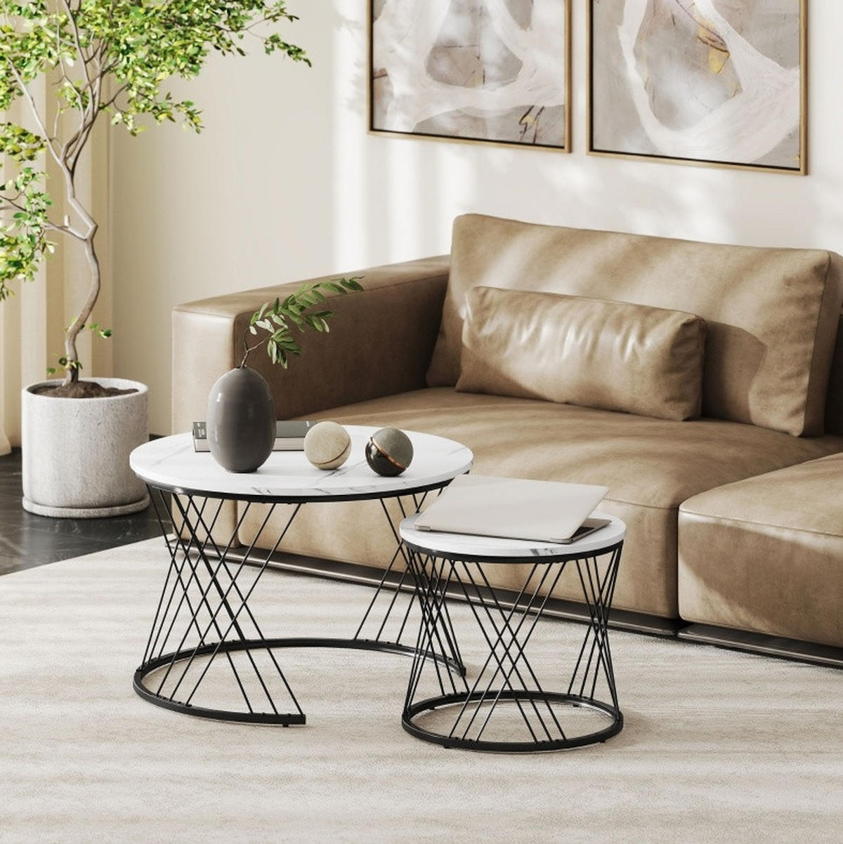 COUCHTISCH-SET 70/70/46,5 cm und 44,5/44,5/39 cm ineinanderstellbar in Marmoroptik mit Metallgestell, Weiß - Weiß, Holzwerkstoff (70/70/46.5cm) - Redom