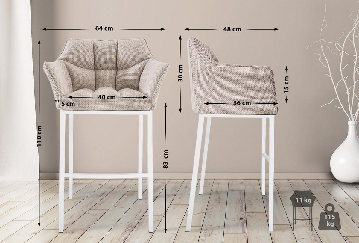 BARHOCKER 2er Set Stoff Elfenbein - Creme/Weiß, Textil/Metall (64/110/48cm) - CLP