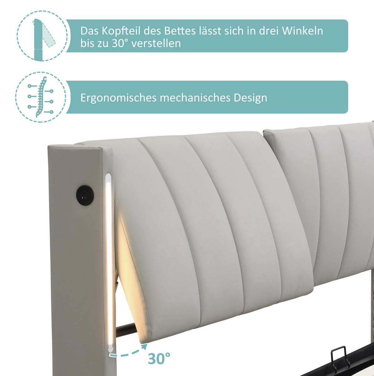 ČALOUNĚNÁ postel 180/200 cm šedá z PU s LED osvětlením, USB portem a úložným prostorem - šedá, plast (180/200cm) - OKWISH