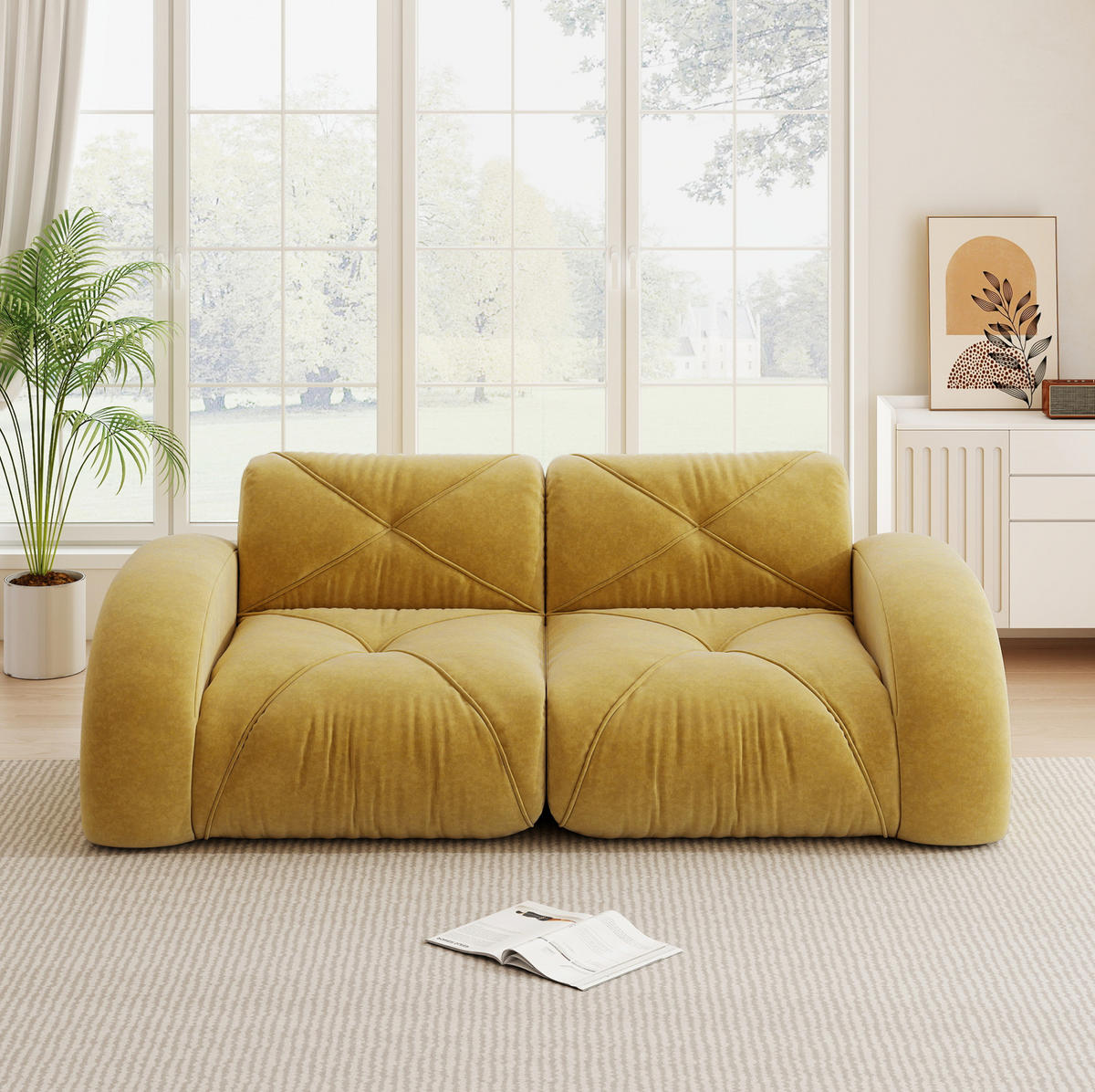MODULSOFA 2-Sitzer ohne Montage mit 32D-Schaumstoff und chenillebezogener Oberfläche, Gelb - Gelb, Textil (204/76/95cm) - Redom