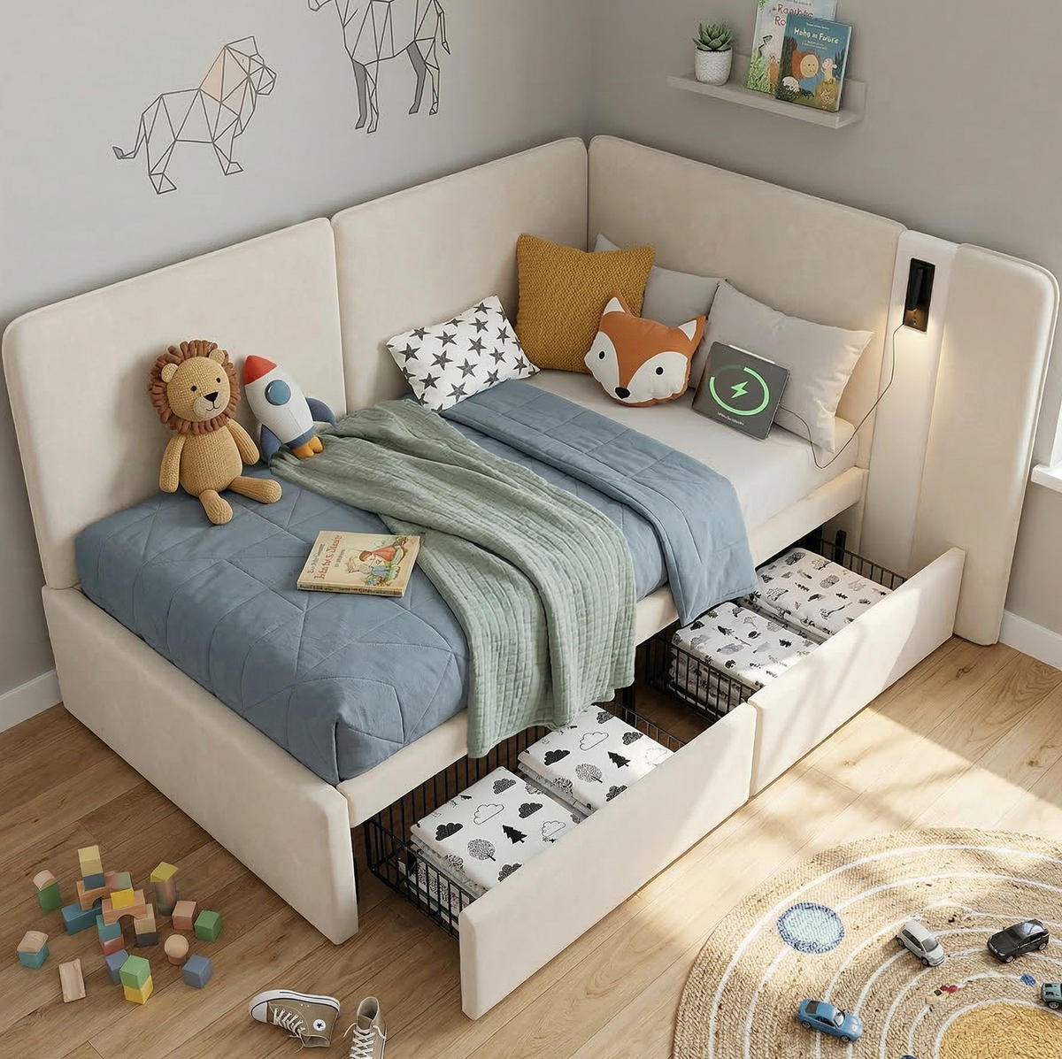 TAGESBETT 90/200 cm mit 2 Schubladen, USB- und Typ-C-Anschluss sowie Leselampe, Samtbezug, Beige - Beige, Textil (90/200cm) - Redom