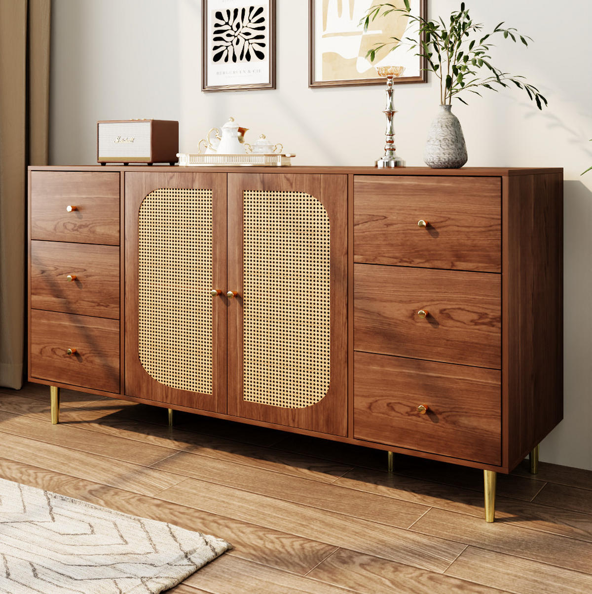 KOMMODE aus MDF 160x40x90cm in Naturfarben mit Rattantüren - Naturfarben, Holzwerkstoff (160/90/40cm) - Modfu