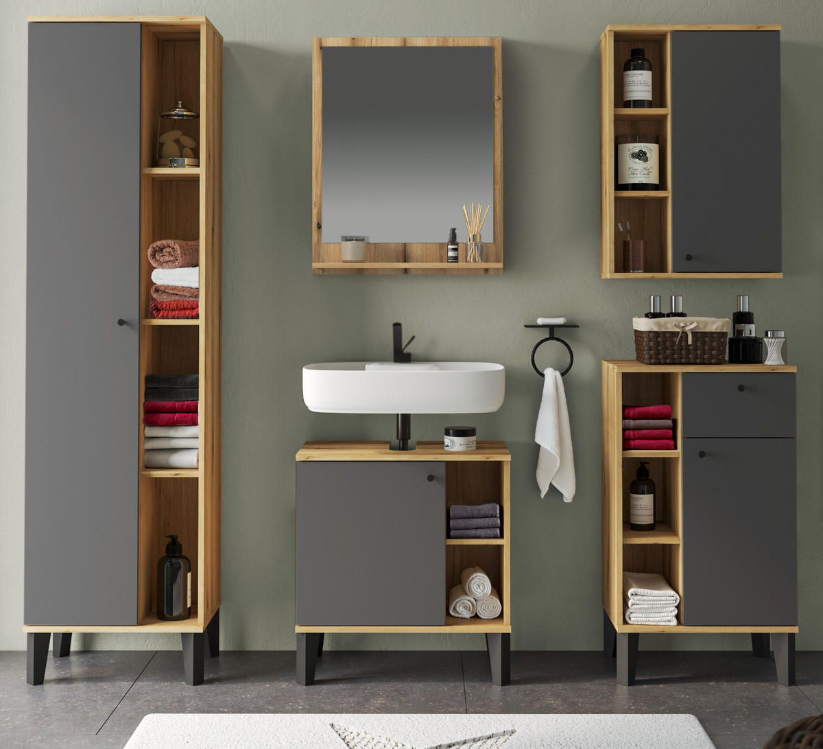 BADMÖBEL-SET 5-teilig grau, Evoke Eiche, Badkombination, 182 x 190 cm - Eichefarben/Grau, Glas/Holzwerkstoff (182/190/33cm) - Furn.Design