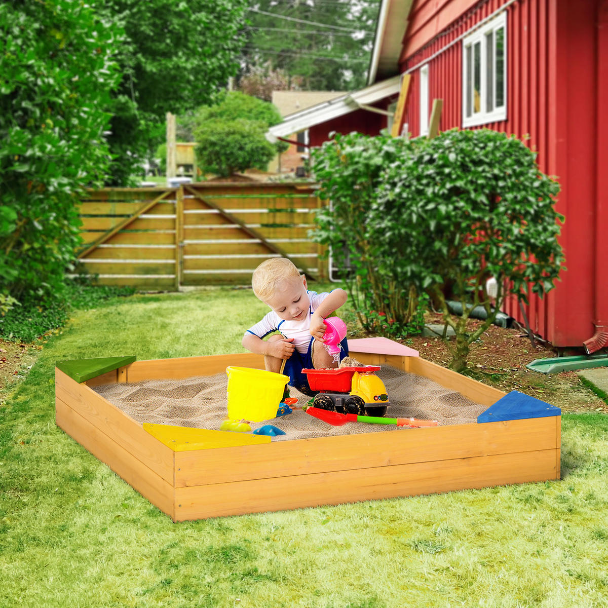 SANDKASTEN DE-18749 4 Sitzplätze & Schutzvlies Naturholz - Naturfarben, Holzwerkstoff (109/109/19.8cm) - ComfortXL
