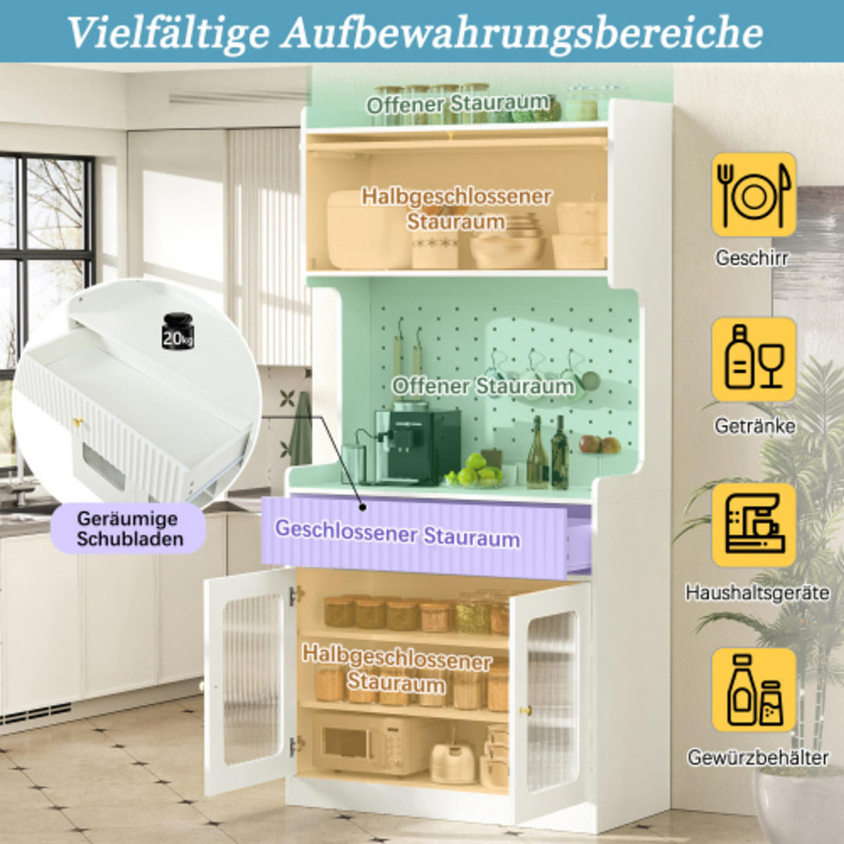 HIGHBOARD mit Riffelglas & LED weiß 80×40×180 cm aus MDF und Spanplatte - Weiß, Holzwerkstoff (80/180/40cm) - Luhomfu