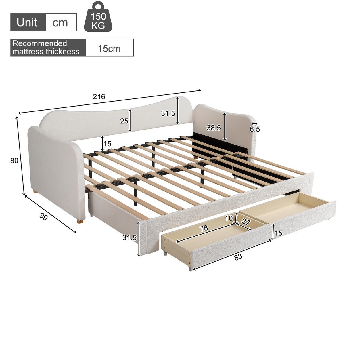 POLSTERBETT 90/200 cm ausziehbar auf 180/200 cm mit 2 Schubladen, USB- und USB-C-Anschluss, Bouclé, Beige - Beige, Textil (90/200cm) - Redom
