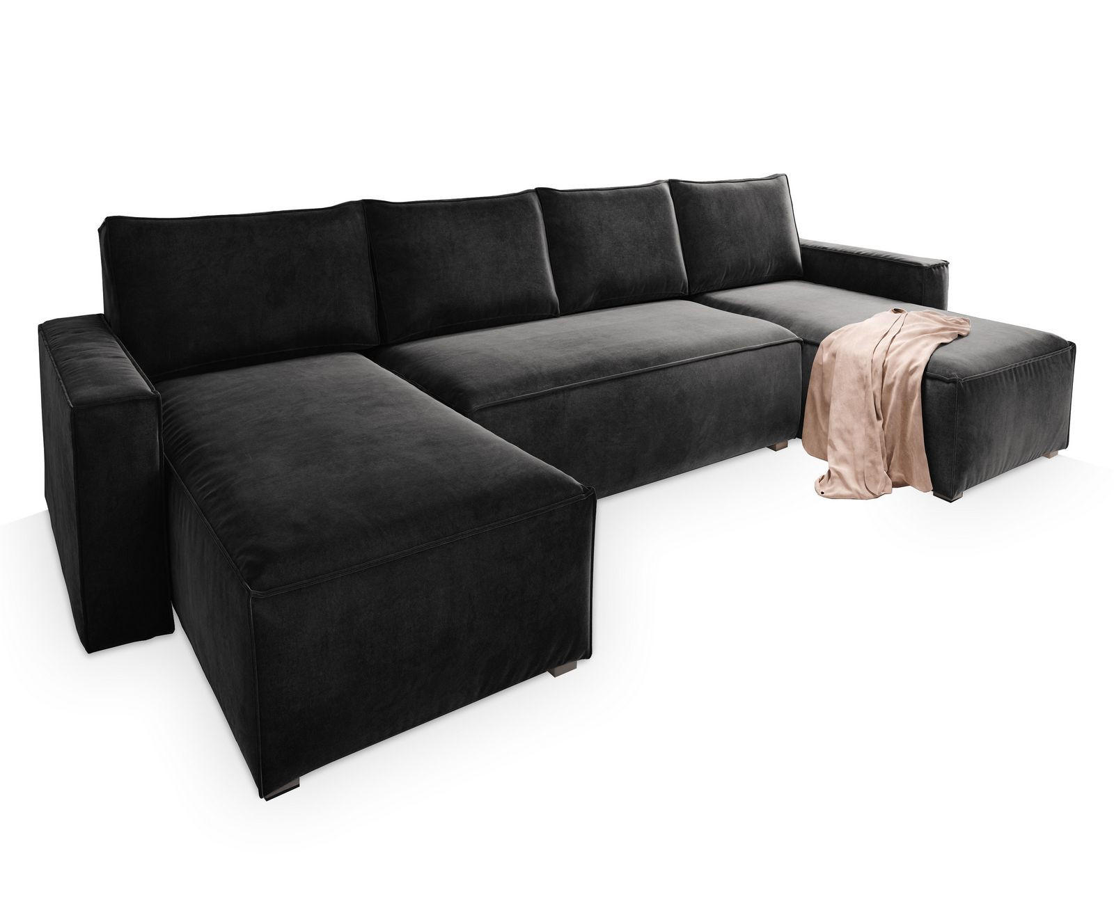 WOHNLANDSCHAFT DENI Schwarz Velours-Stoff mit Schlaffunktion - Schwarz, Holz (295/85/140cm) - MASSENO
