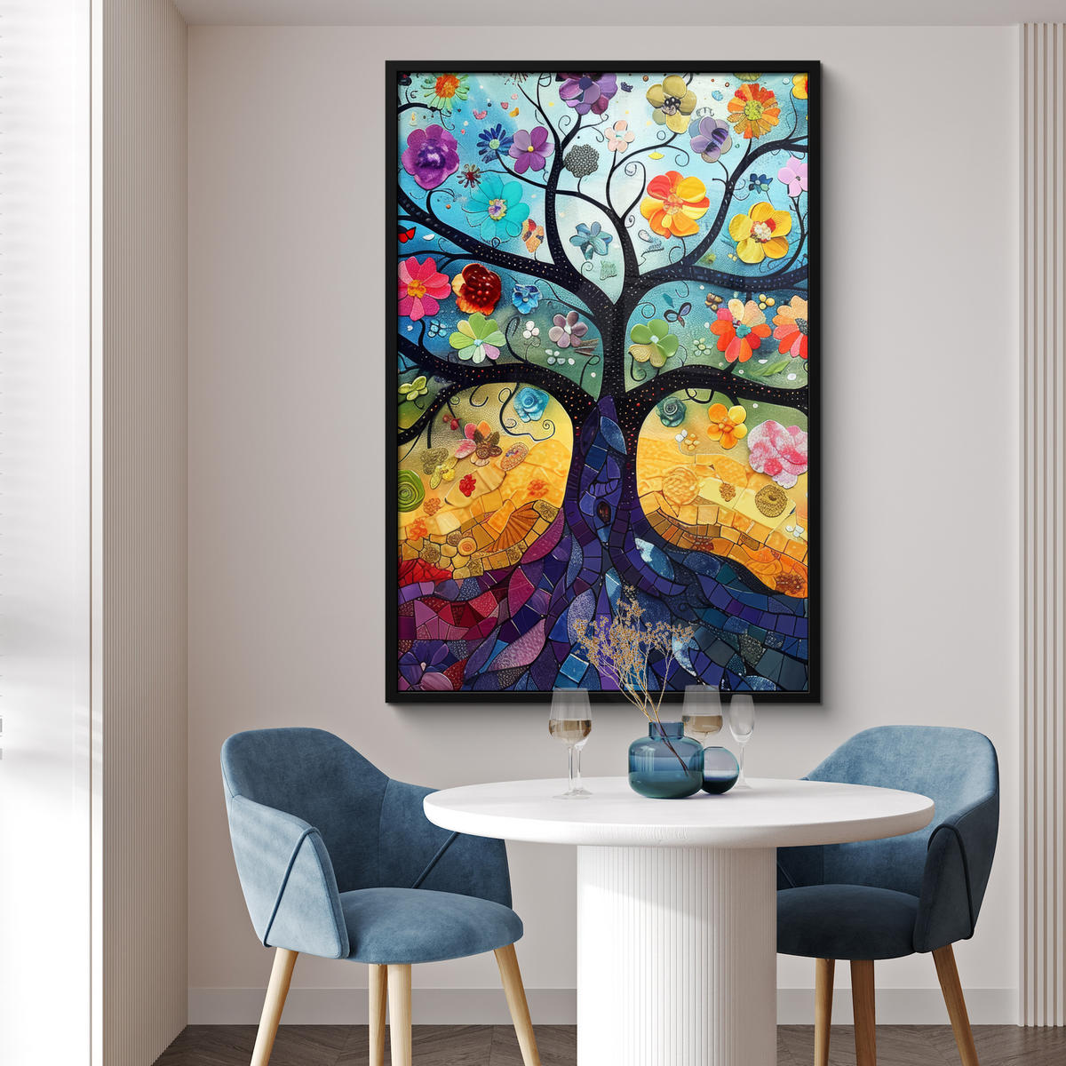 GERAHMTES BILD Kunst - Baum des Lebens - Blumen - Hippie 80x120 cm - Dunkelblau, Papier (80/120cm) - MuchoWow