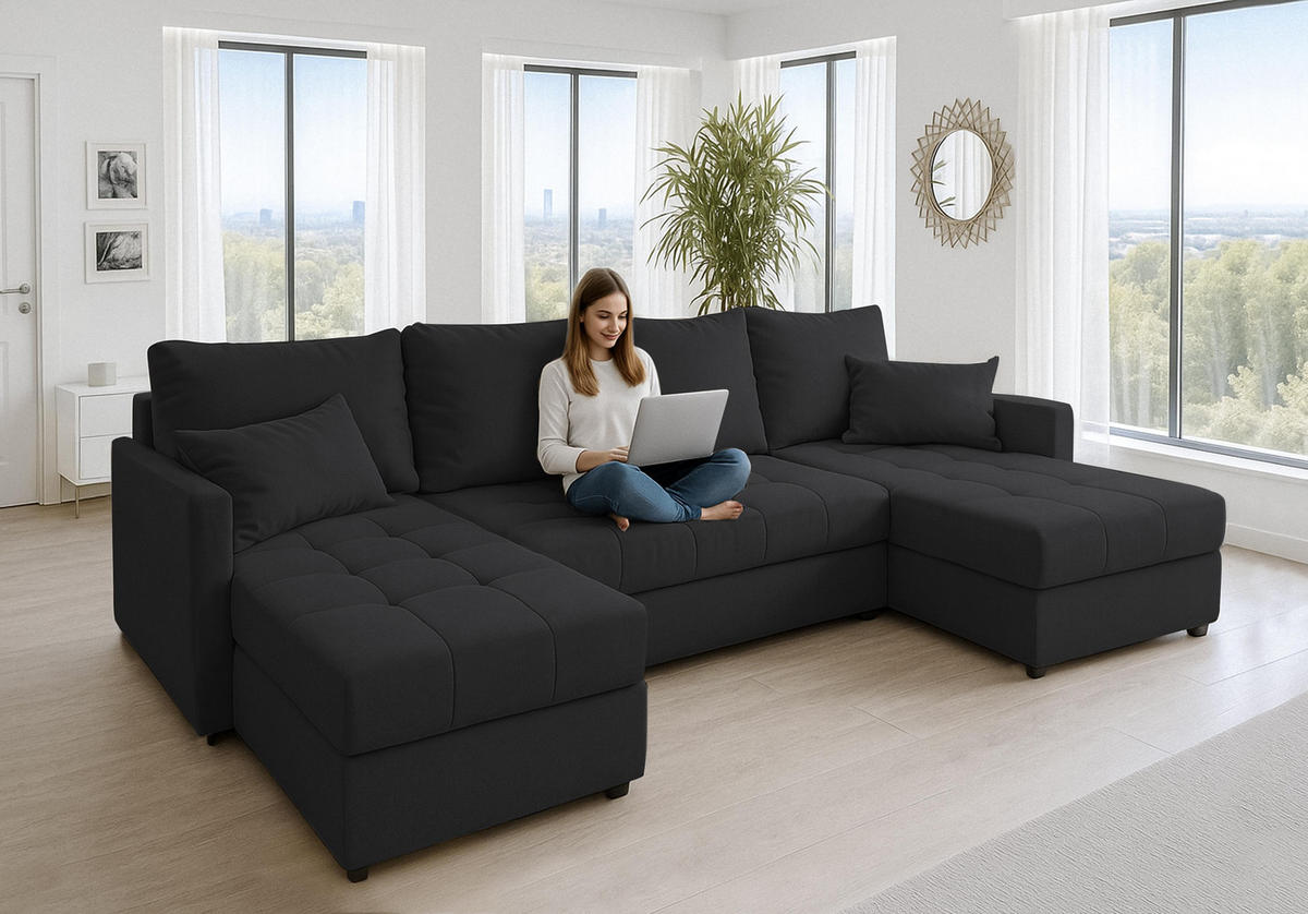 WOHNLANDSCHAFT Dolceo Schwarz 287/140/73 cm mit Bettkasten Schlaffunktion Wohnzimmer - Titanfarben/Schwarz, Kunststoff/Textil (287/73/140cm) - AX Living