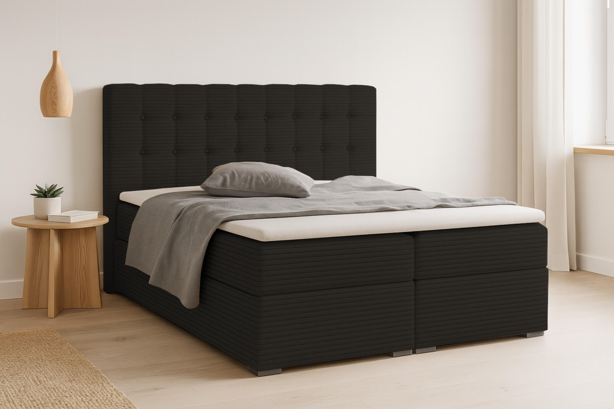 BOXBETT CARLY 140/200 in Cord Schwarz mit Taschen-Federkernmatratzen 7 Zonen H4 - Schwarz, Holz/Holzwerkstoff (140/200cm) - Deine Möbel 24
