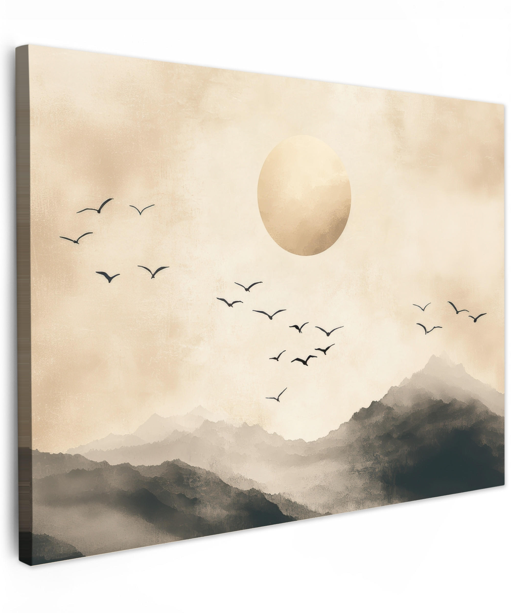 LEINWANDBILD Landschaft - Japandi - Vogel Wandbilder 80x60 cm - Beige, Textil (80/60cm) - MuchoWow