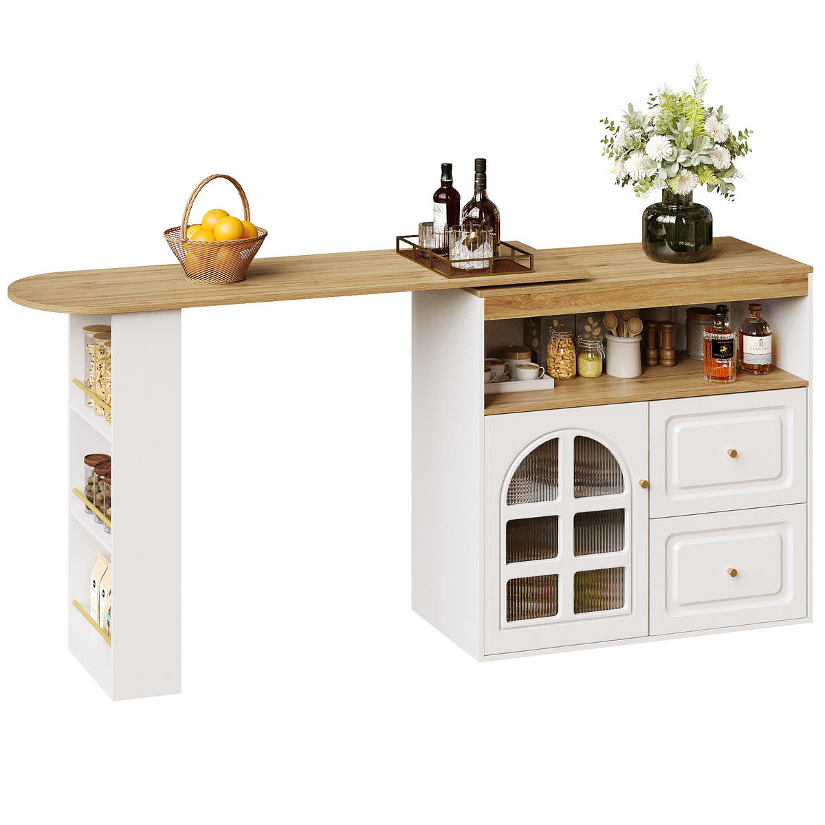BARTISCH 138-204/39/104 cm drehbar mit Regal und 2 Schubladen in Weiß - Weiß, Holzwerkstoff (39/204/104cm) - BEAOK