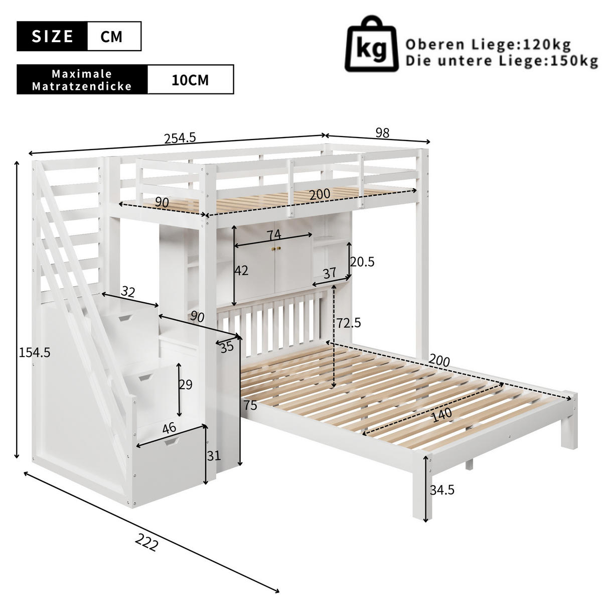 ETAGENBETT 90/200 + 140/200 cm und MDF mit Aufbewahrungstreppe, Regalen und Beistelltisch, Weiß - Weiß, Holzwerkstoff (90/200cm) - Redom