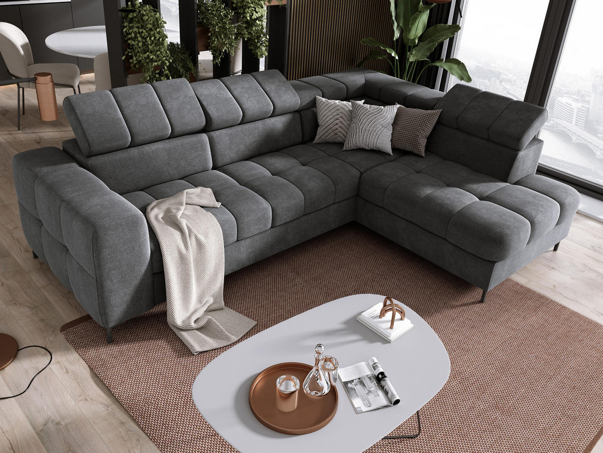 ECKSOFA PABLOS 279x201cm, Schlaffunktion, Stauraum, dunkelgrau, rechts - Grau, Holz/Textil (279/201cm) - DomoHome