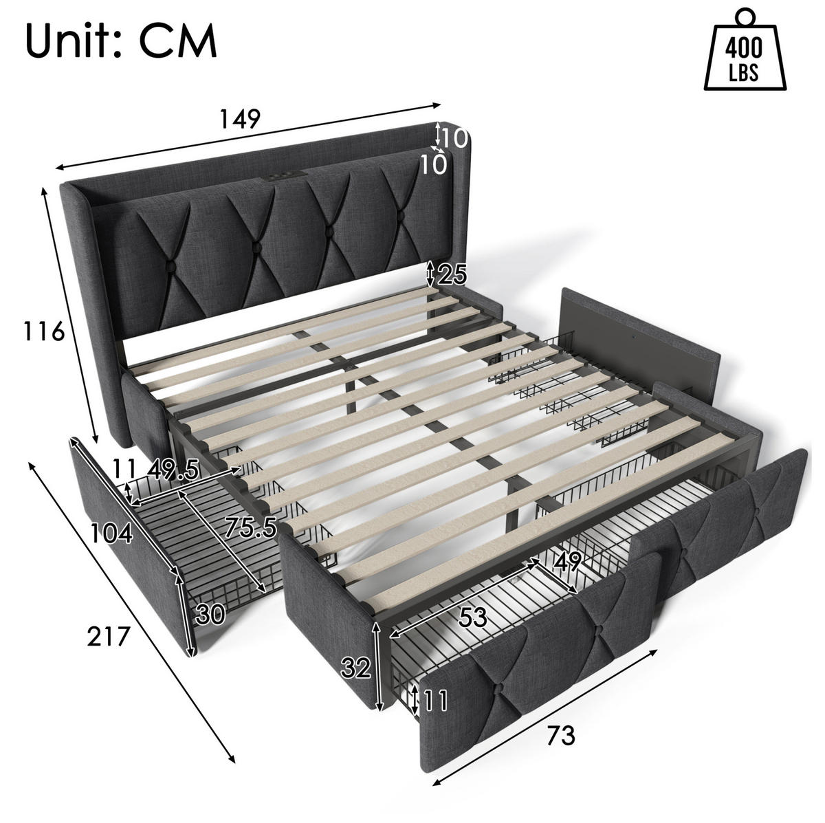 BETT mit USB und 4 Schubladen 140x200 cm Leinen Grau inkl. Matratze - Grau, Metall (140/200cm) - Meubliv