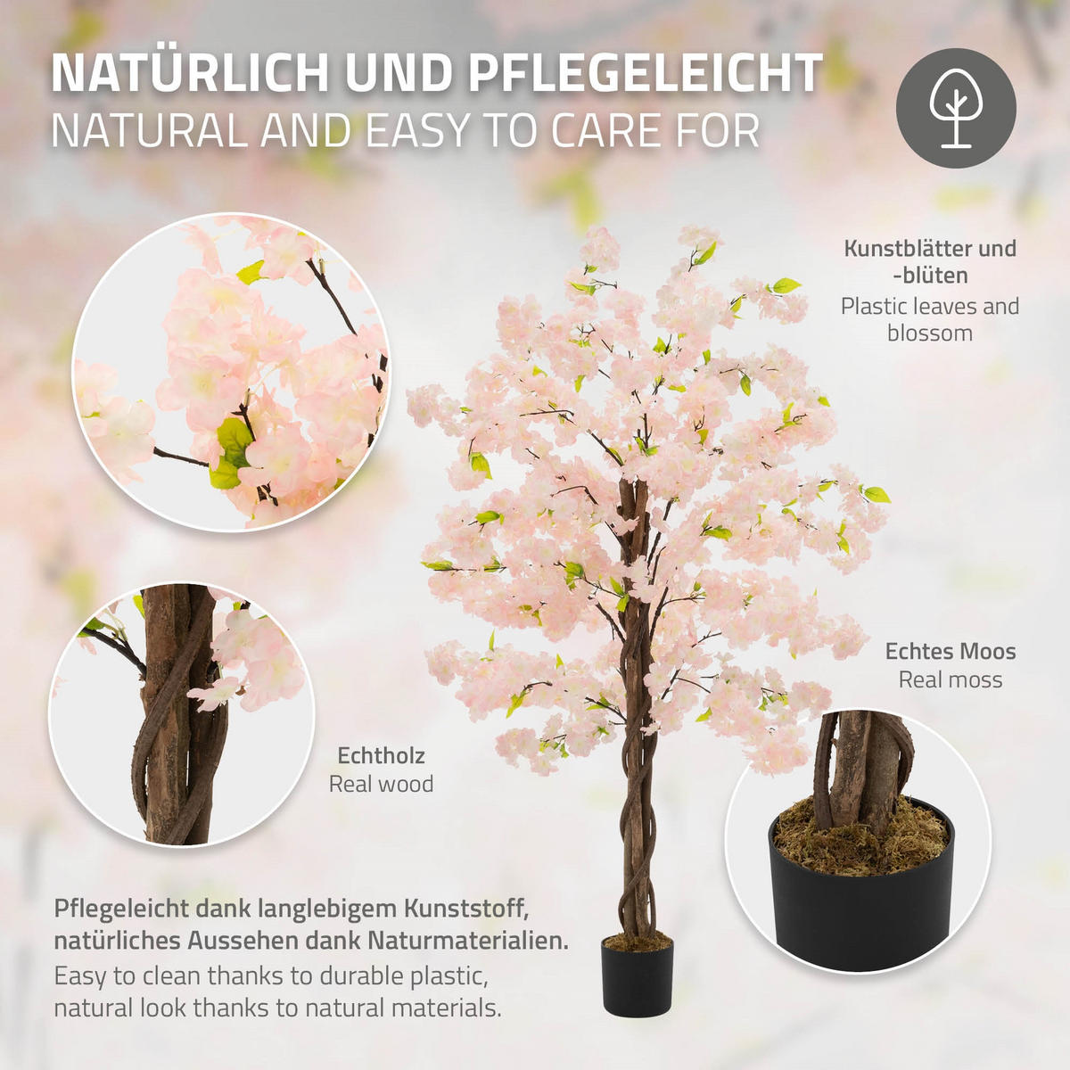 KÜNSTLICHER KIRSCHBLÜTENBAUM 150 cm Rosa mit Naturholzstamm - Pink/Schwarz, Kunststoff/Textil (150cm) - ML-DESIGN