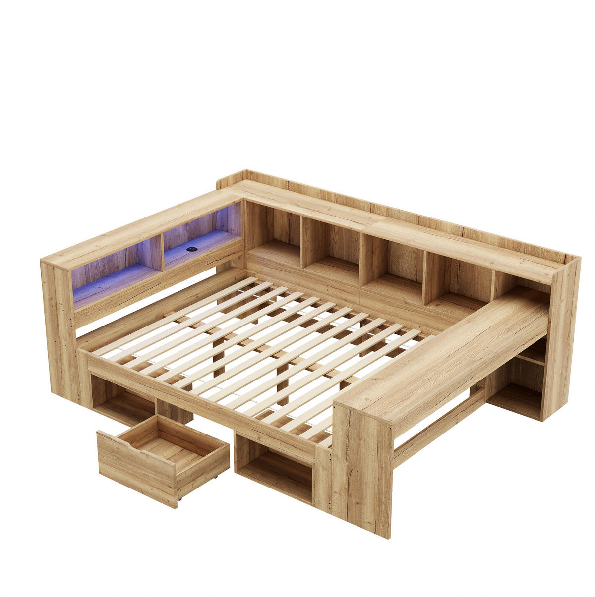KINDERBETT Liegefläche 140/200 cm aus MDF mit LED, USB-Anschluss und Schreibtisch - Naturfarben, Holzwerkstoff (140/200cm) - BEAOK