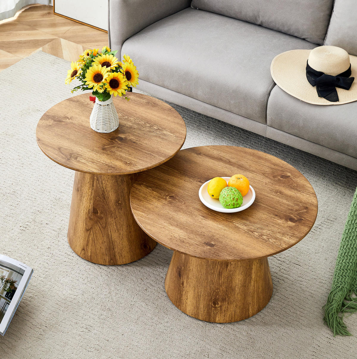 SADA konferenčních stolků 50/50/48 cm a 60/60/35 cm, 2 kulaté stolky s pevnou MDF deskou, dekor dřeva - přírodní, kompozitní dřevo (50/50/48cm) - Redom