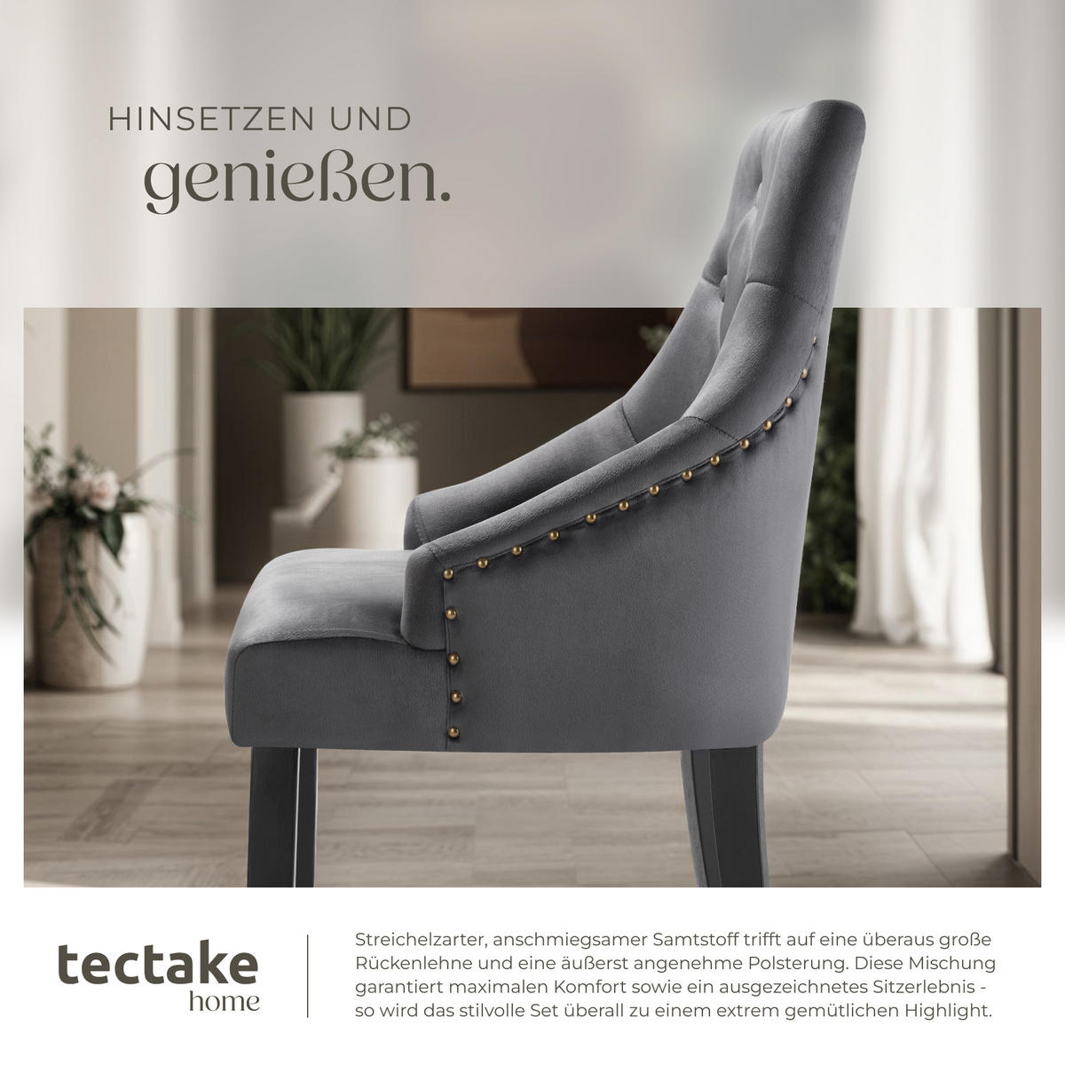 ESSZIMMERSTUHL 2er Set Everdeen,52 x 57 x 91 cm, dunkelgrau/schwarz - Dunkelgrau/Schwarz, Holz (52/91/57cm) - tectake