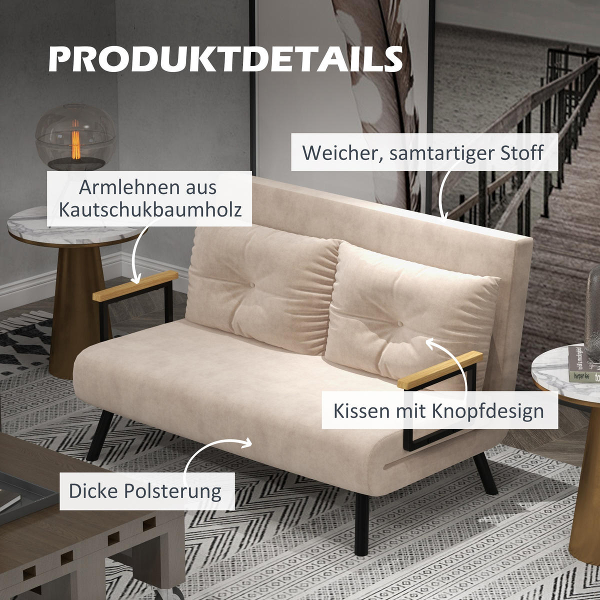 SCHLAFSOFA, Zweisitzer mit Bettfunktion, Schlafcouch mit Samtoptik, Rückenkissen - Beige/Schwarz, Holz/Textil (73/81/102cm) - HOMCOM