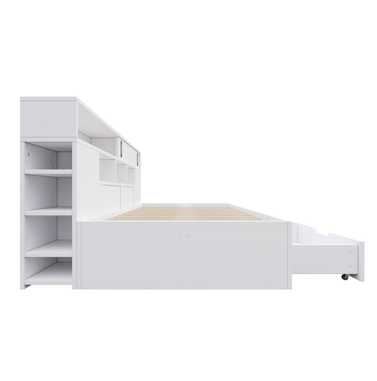 POSTEL pro děti 90/200 cm bílá z MDF s úložnými šuplíky a policemi s vestavěným úložným prostorem - bílá, kompozitní dřevo (90/200cm) - OKWISH
