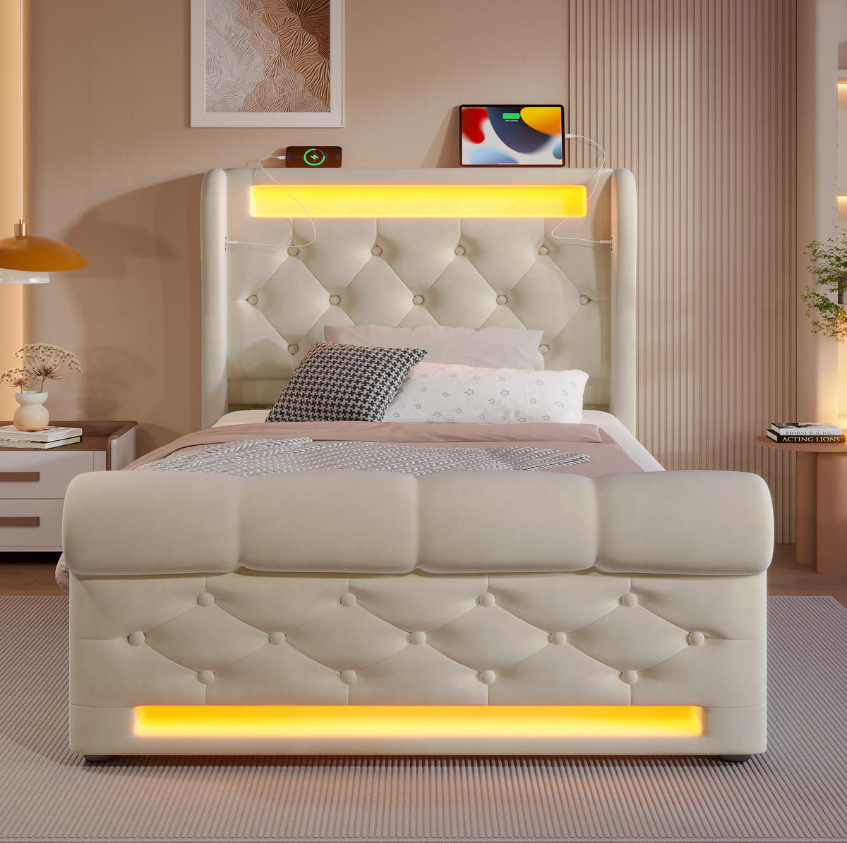 BETT mit LED und Stauraum 90x200 cm Samt Beige inkl. Matratze - Beige, Metall (90/200cm) - Meubliv