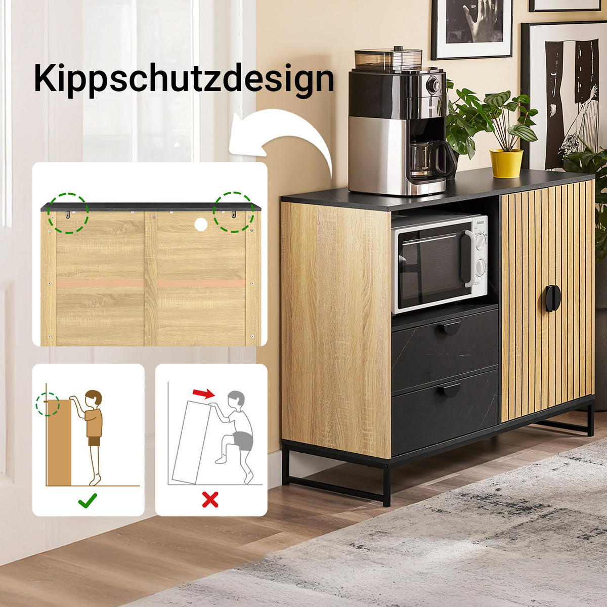 SIDEBOARD Eiche-Schwarz 107×40×85 cm - Schwarz/Naturfarben, Holzwerkstoff (107/40/85cm) - SoBuy