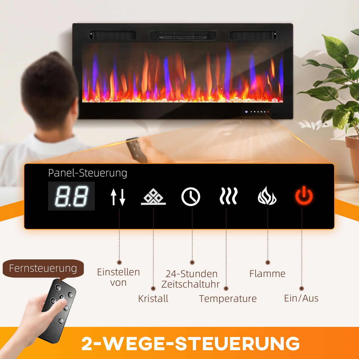 ELEKTROKAMIN mit Heizung 11 farbigen Flammeneffekten 12 Kristallfarben - Schwarz, Metall (9.4/47/106.7cm) - HOMCOM