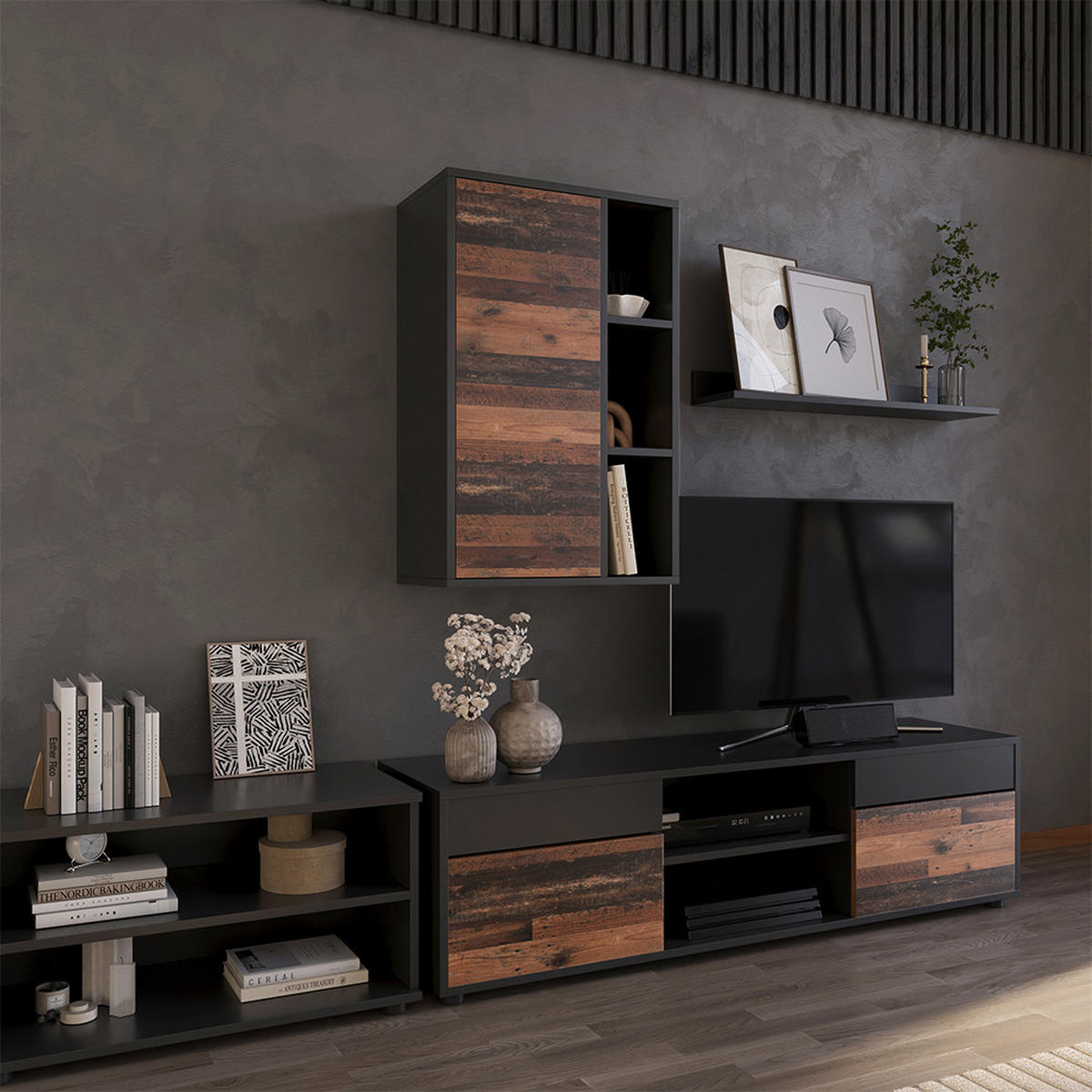 STĚNOVÁ POLICE Berno Černá/starý styl - černá/hnědá, kompozitní dřevo (50.1/78.4/28.3cm) - Vicco