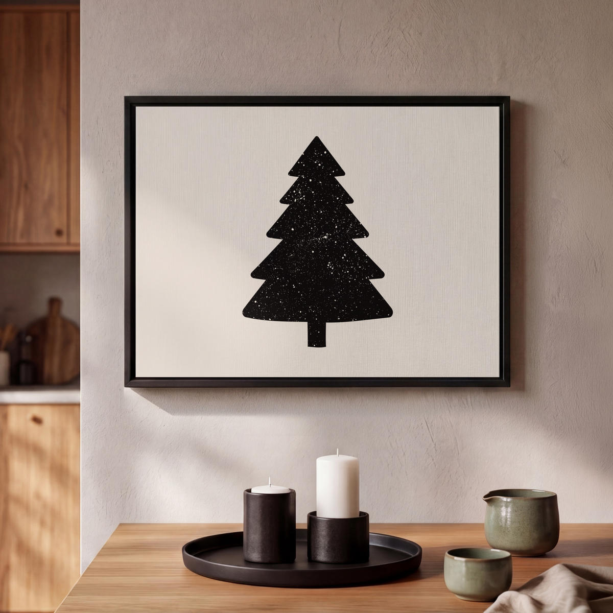 LEINWAND Bilder mit Rahmen - Weihnachtsbaum - Schwarz - Urlaub - Beige - 40x30 - Schwarz, Textil (40/30cm) - MuchoWow