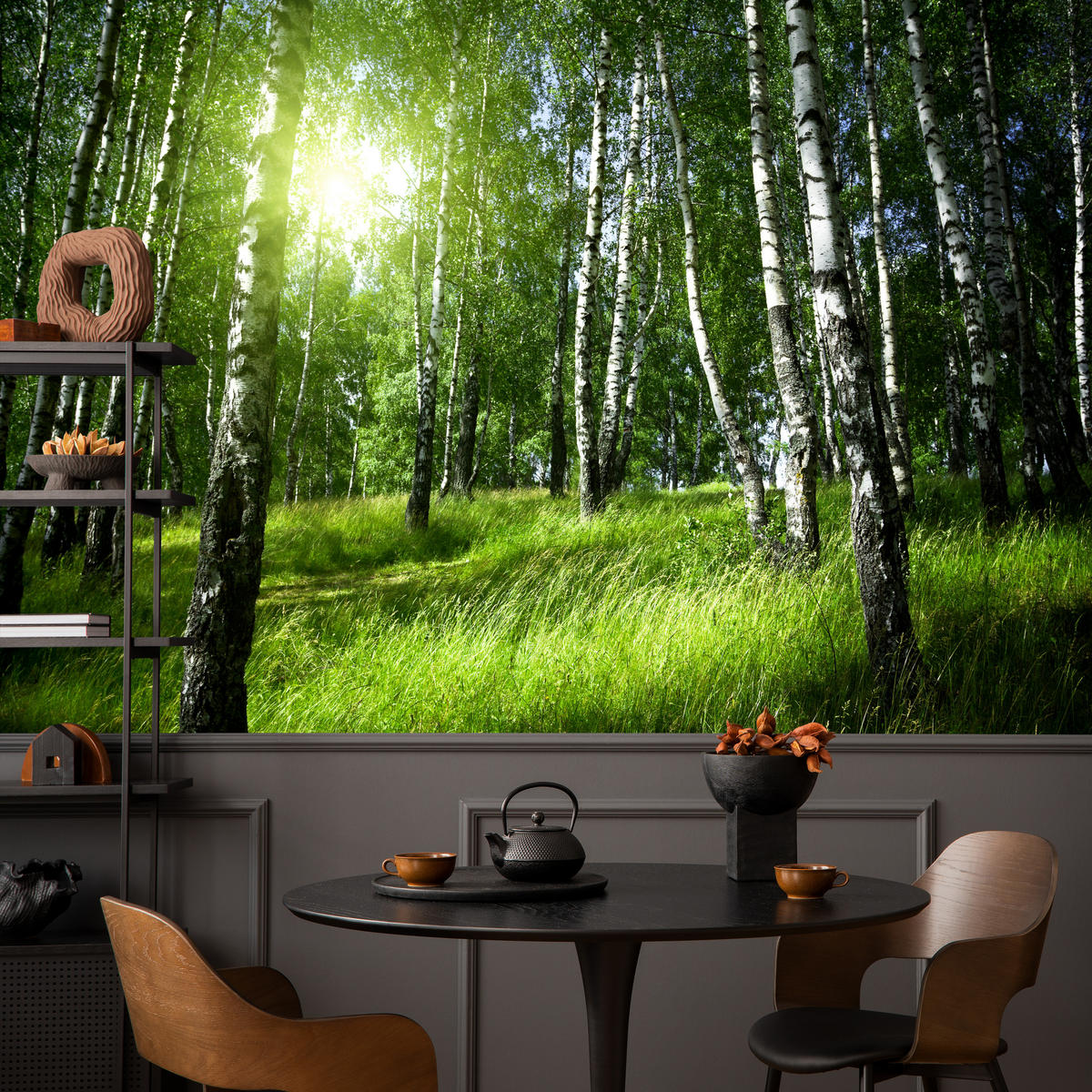 FOTOTAPETE für Wohnzimmer Grüner Birkenwald Gras Sonne Natur 200x140 - Schwarz/Weiß, Papier (200/140cm) - Muralo