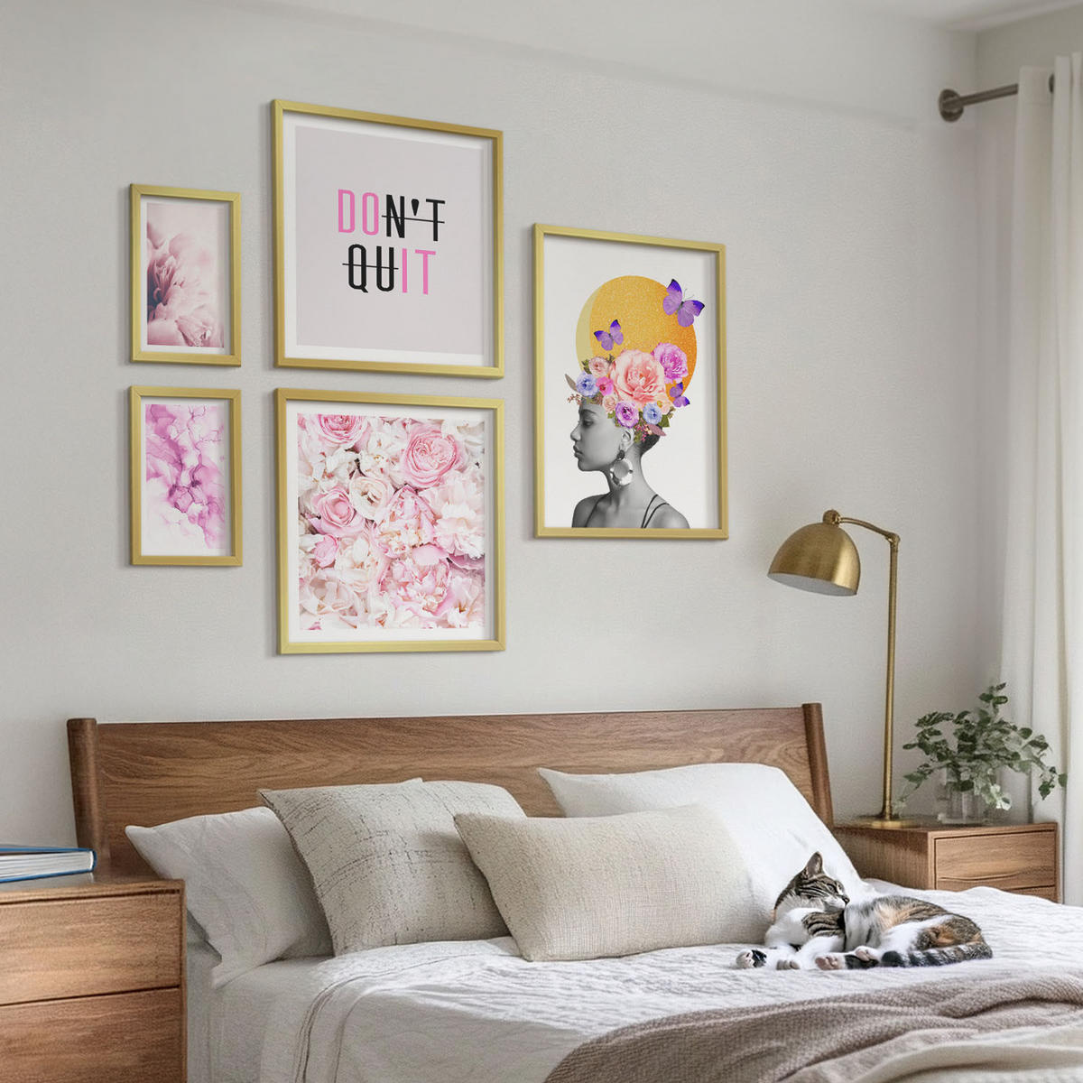 BILDER SET 5er Set - 50x50 cm & 20x30 cm & 40x60 cm Goldrahmen - Abstraktes Blumenporträt einer Frau - Goldfarben, Kunststoff (40/60cm) - TULUP