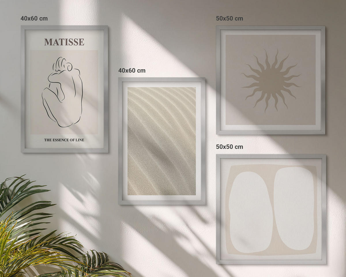 BILDER SET 4er Set - 50x50 cm & 40x60 cm Silberner Rahmen - Minimalistische Sandwellen - Silberfarben, Kunststoff (50/50cm) - TULUP