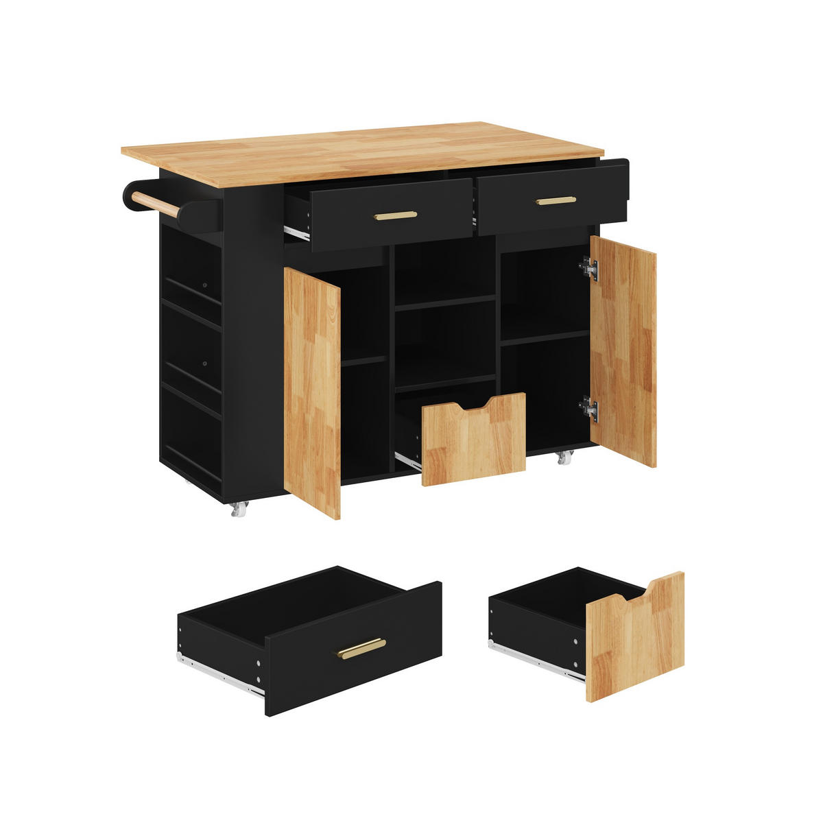 KÜCHENINSEL DE-41417 120/45-71/90 cm, klappbare Arbeitsplatte, Gewürzregal Schwarz - Schwarz, Holzwerkstoff (120/90/71cm) - ComfortXL