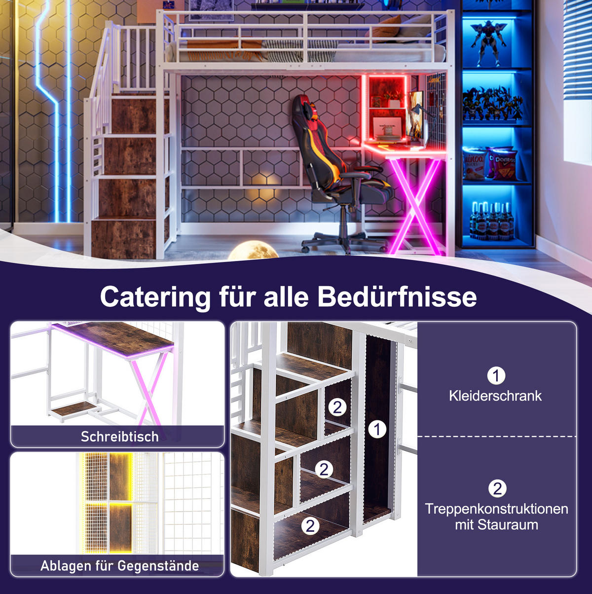 HOCHBETT 90/200 cm Weiß mit Schreibtisch, Kleiderschrank, ohne Matratze - Weiß, Metall (90/200cm) - MIVRAY