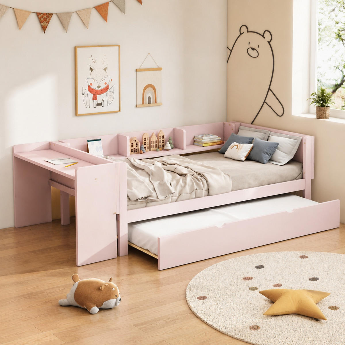 JUGENDBETT 90/200 mit Ausziehbett, Schreibtisch und 3 Regalen in Rosa - Rosa, Holzwerkstoff (90/200cm) - EVRYAE