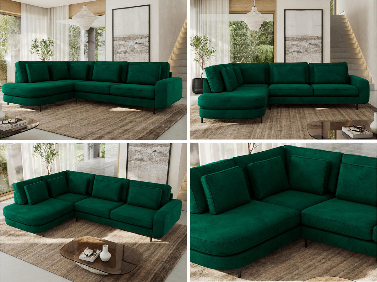 ROHOVÁ SEDAČKA CALENO L - Zelený Samet - Pravá Strana - černá/tmavě zelená, kov/textil (317/225cm) - MKS
