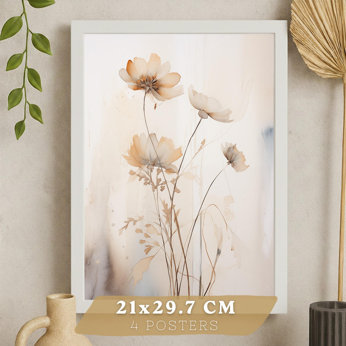 POSTER 4er-Set Wandbilder Blumen Vintage modern Wohnzimmer Deko, Schlafzimmer, Küche, Badezimmer Rahmenlos A3 - Weiß, Papier (29.7/1/42cm) - Nacnic