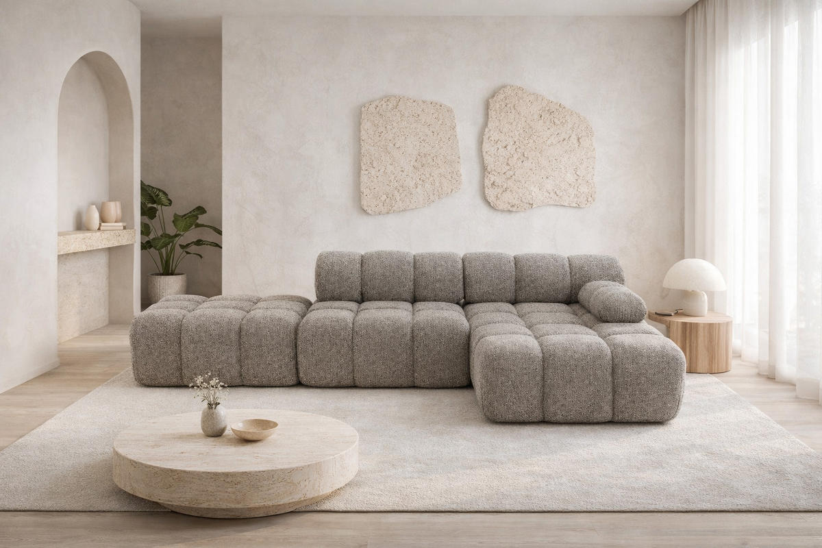 ECKSOFA L-Form Modular Mit Hocker, Bouclé-Stoff Abriamo, Braun, Rechts, Selia - Braun, Holz (285/160cm) - Kaiser Möbel
