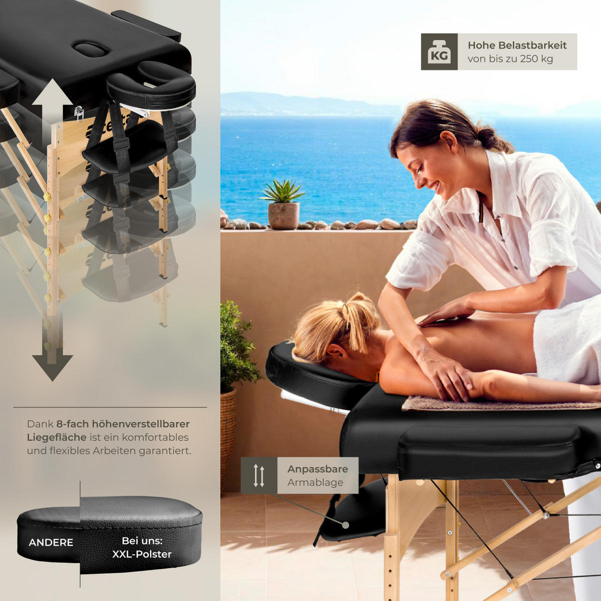 MASSAGELIEGE-SET 3 Zonen Somwang,218 x 102 x 90 cm,schwarz - Schwarz, Textil (108/90/218cm) - tectake