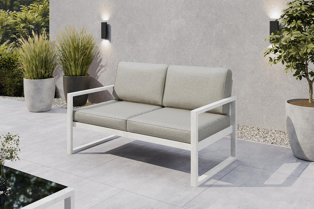 GARTENSET Madera für 6 Personen Balkonmöbel Aluminium Terassenmöbel Sitzbank, 4-tlg. Tisch, weiß, beige - Beige/Weiß, Kunststoff/Metall - Margaret Hadas24