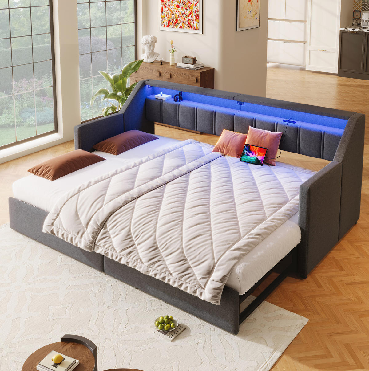 TAGESBETT 90/200 cm aus Leinen mit USB, Type-C, LED-Leiste, 2 Schubladen und Ausziehfunktion, Grau - Grau, Textil (90/200cm) - Redom