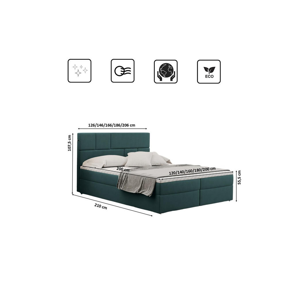 Thumbnail - Kaiser Möbel Boxbett, Mintgrün, Textil, H2, Höhe ca. 20 cm, einzeln stellbar, 180x200 cm, Schlafzimmer, Betten, Boxsprin...