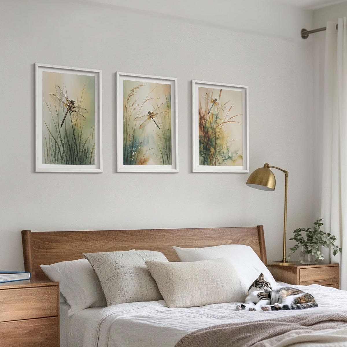 WANDBILDER 3er-Set - 40x60 cm Weißer Rahmen - Libellengräser über dem Wasser - Weiß, Kunststoff (40/60cm) - ArtPrintCave