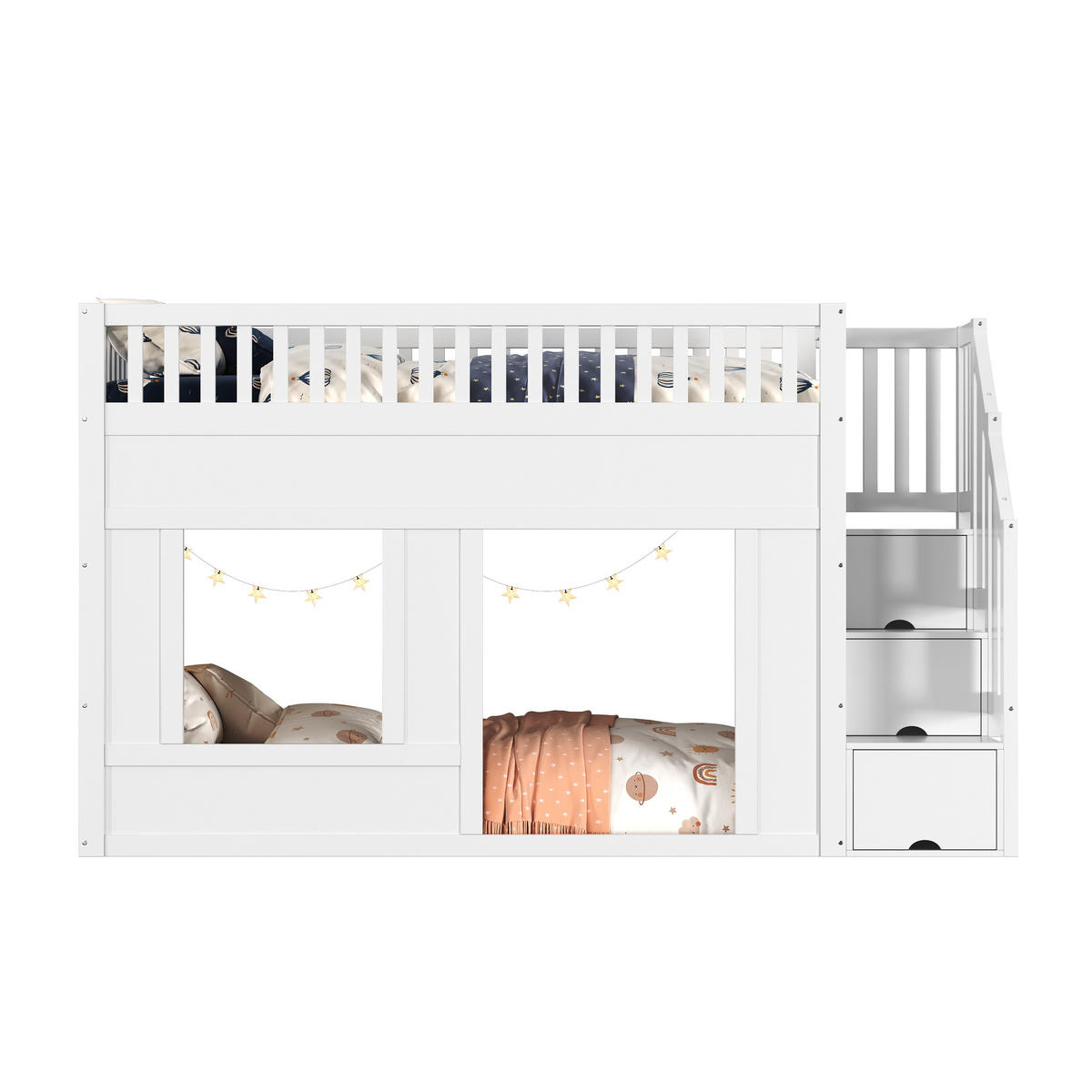 ETAGENBETT 90/200 cm DE-03103, mit Treppenschrank und fle/iblem Unterbett, in Weiß - Weiß, Holz/Holzwerkstoff (90/200cm) - ComfortXL