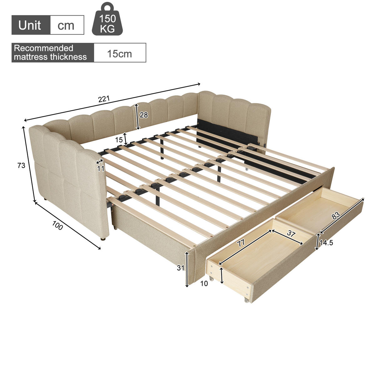 POLSTERBETT aus Chenille 90x200 cm in Beige mit Ausziehfunktion & USB - Beige, Textil (90/200cm) - Modfu