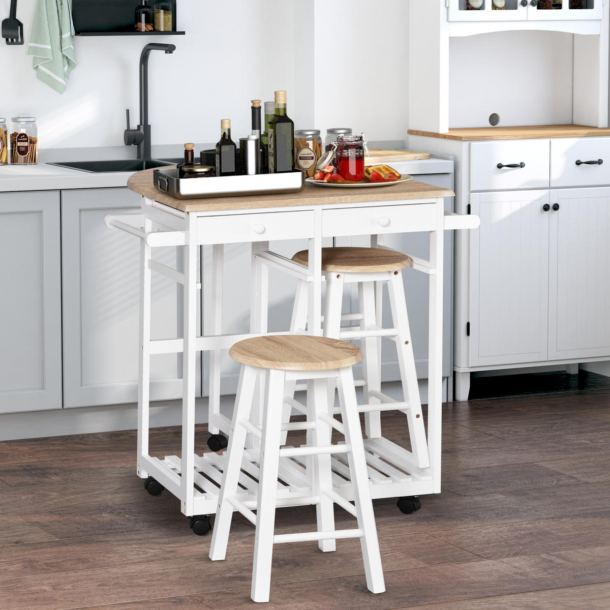 BARTISCH-SET DE-14686 klappbar mit Rollen & 2 Hockern Eiche hell - Beige, Holzwerkstoff (83/74/83cm) - ComfortXL