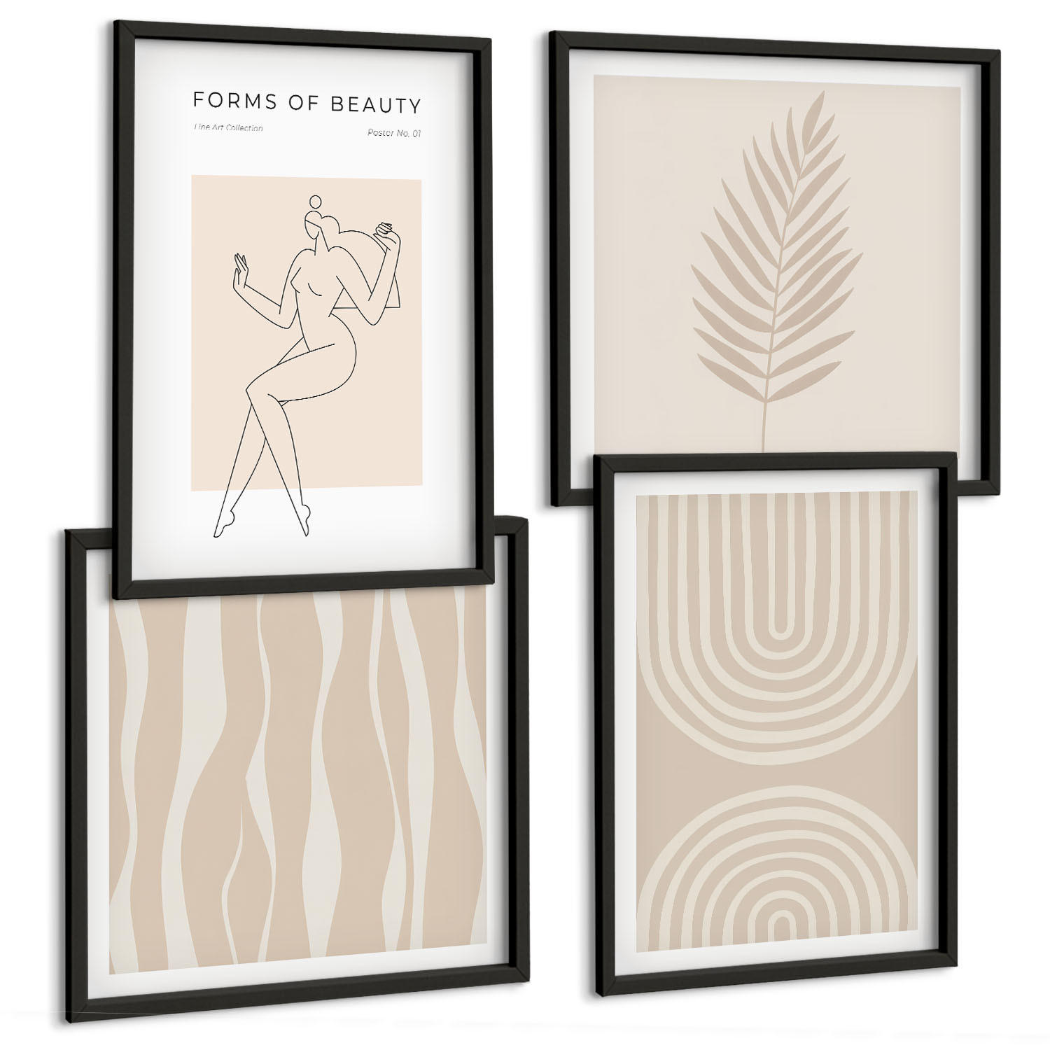 BILDER SET 4er Set - 50x50 cm & 40x60 cm Schwarzer Rahmen - Abstrakte Boho-Dekorationen - Schwarz, Kunststoff (50/50cm) - TULUP